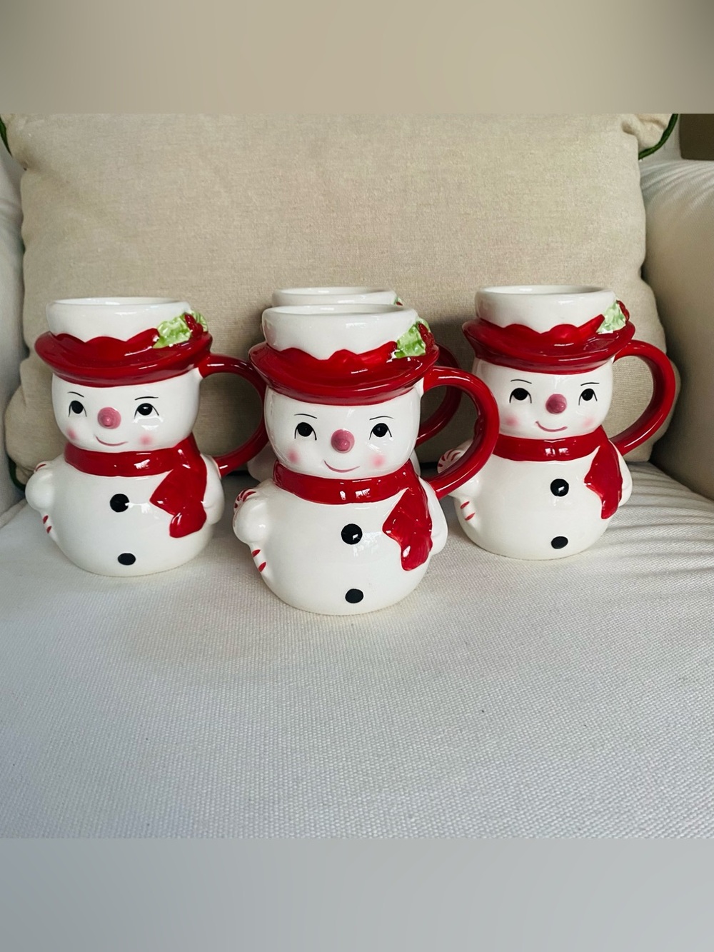 VTG Pottery Barn Snowman Figural Mugs Set of 4 Holiday Christmas Cups